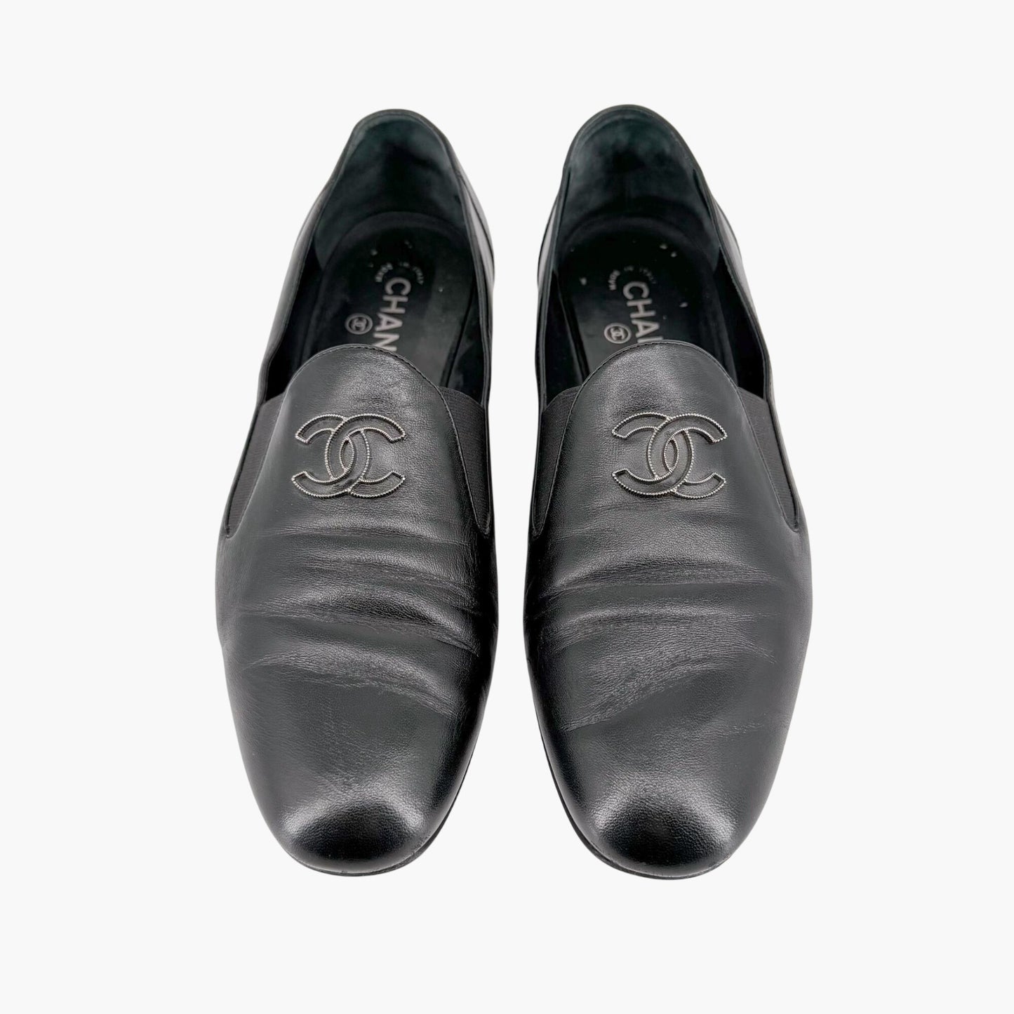 Chanel CC Slip On Loafers Black Leather Size 41
