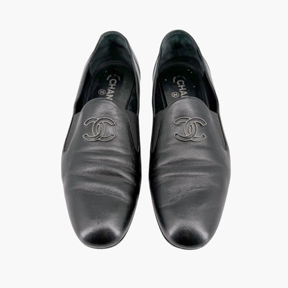 Chanel CC Slip On Loafers Black Leather Size 41