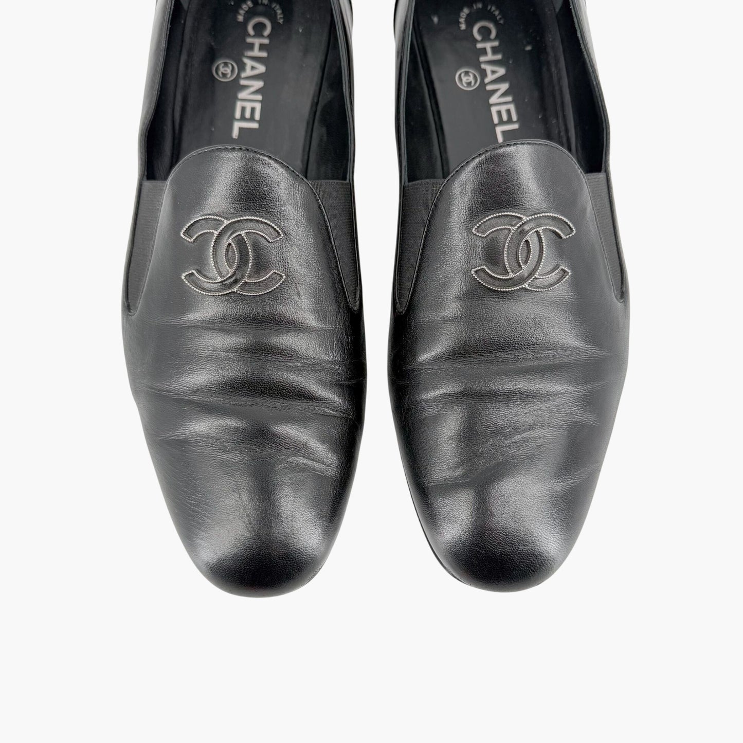 Chanel CC Slip On Loafers Black Leather Size 41