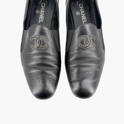 Chanel CC Slip On Loafers Black Leather Size 41