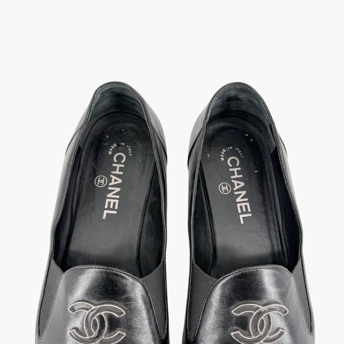 Chanel CC Slip On Loafers Black Leather Size 41