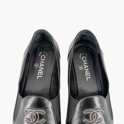 Chanel CC Slip On Loafers Black Leather Size 41