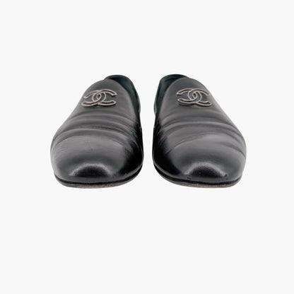 Chanel CC Slip On Loafers Black Leather Size 41