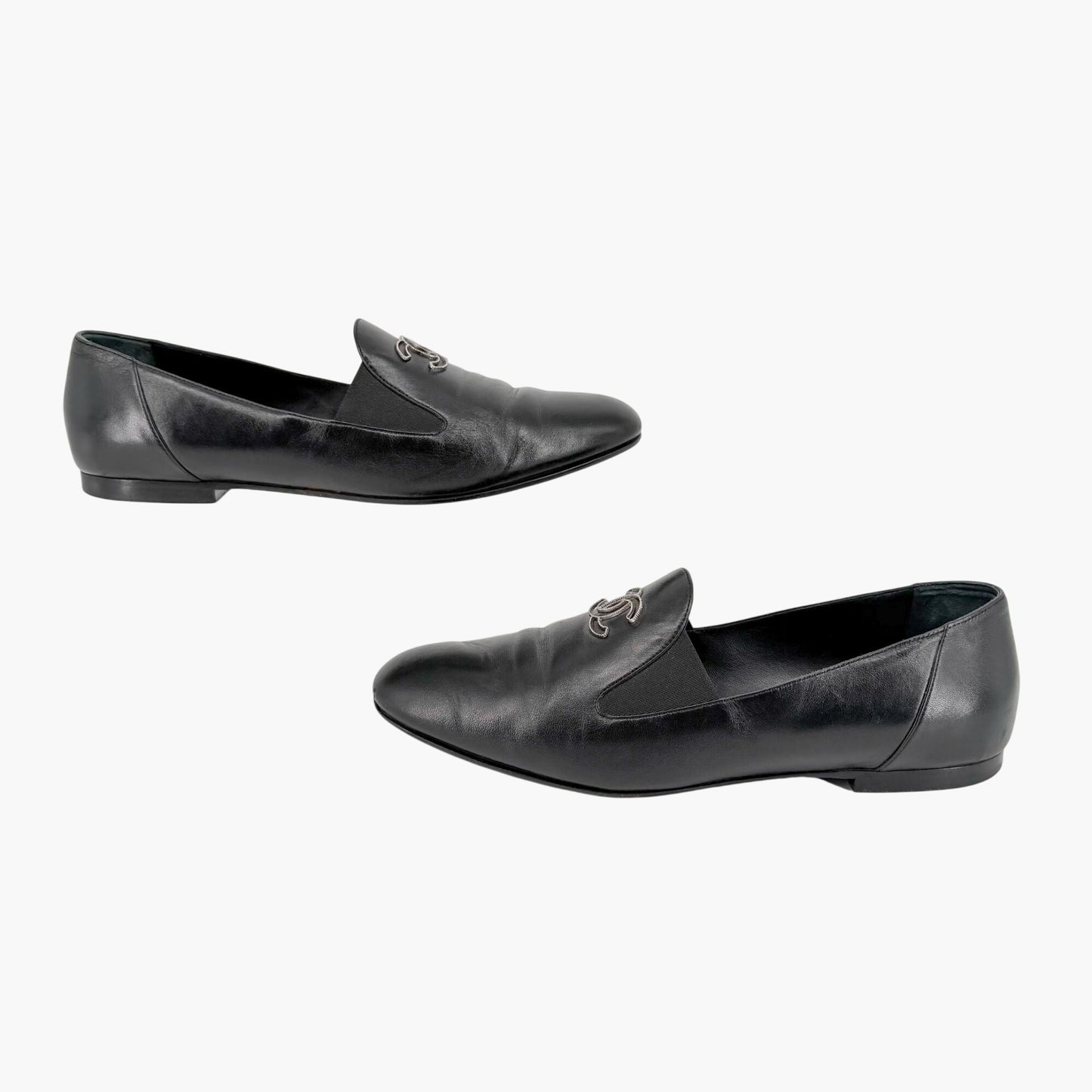 Chanel CC Slip On Loafers Black Leather Size 41