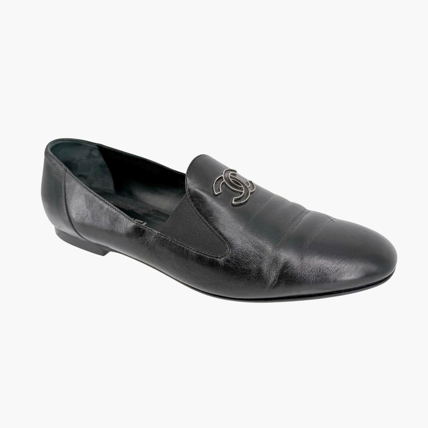 Chanel CC Slip On Loafers Black Leather Size 41