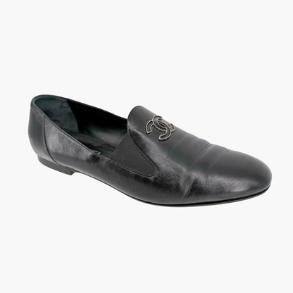 Chanel CC Slip On Loafers Black Leather Size 41