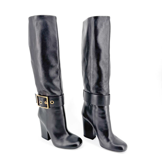 Gucci Kesha Knee High Buckle Boots in Black Leather Size 37