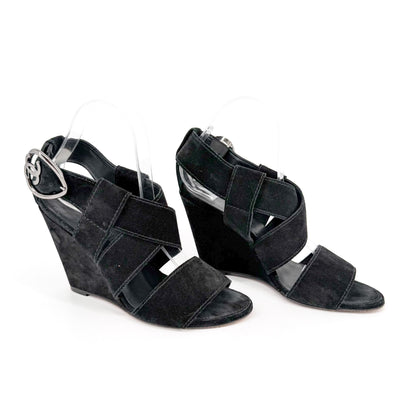 Chanel CC Heart Buckle Wedge Sandals Black Size 39.5