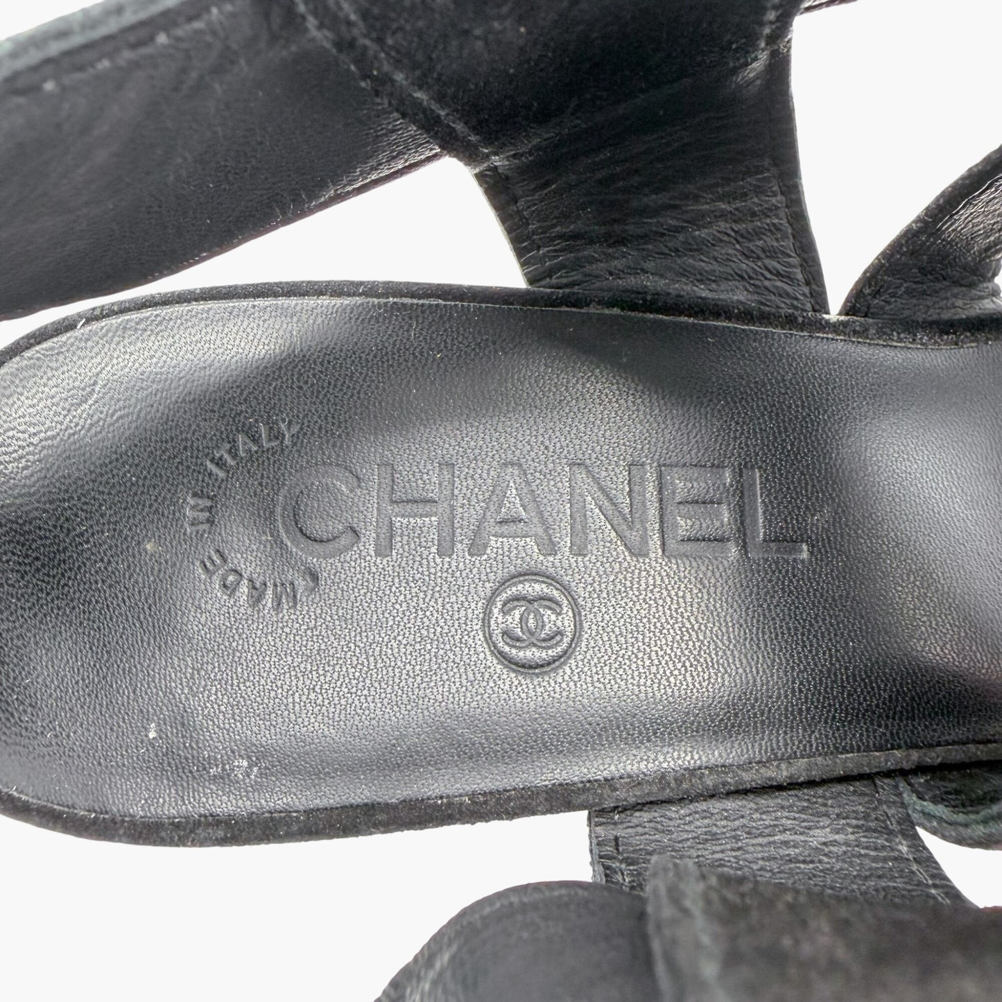 Chanel CC Heart Buckle Wedge Sandals Black Size 39.5