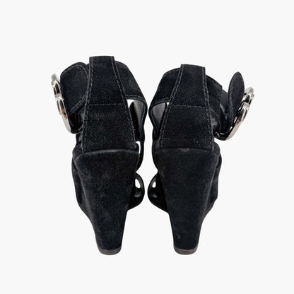 Chanel CC Heart Buckle Wedge Sandals Black Size 39.5