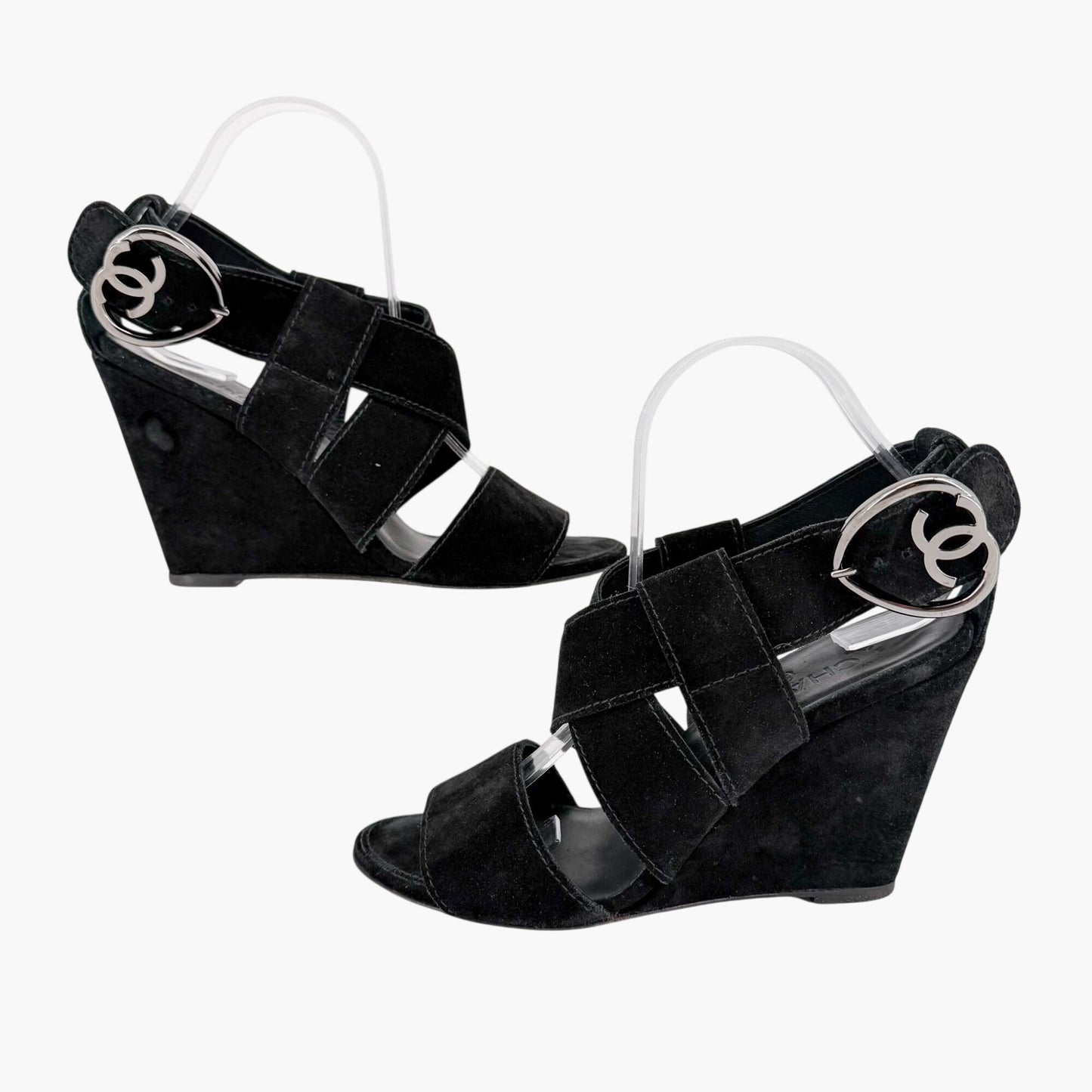 Chanel CC Heart Buckle Wedge Sandals Black Size 39.5