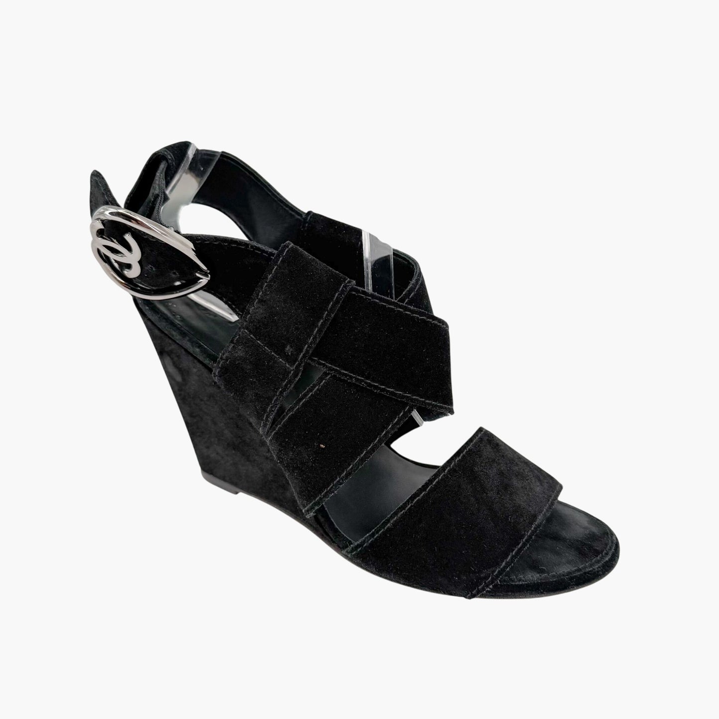 Chanel CC Heart Buckle Wedge Sandals Black Size 39.5