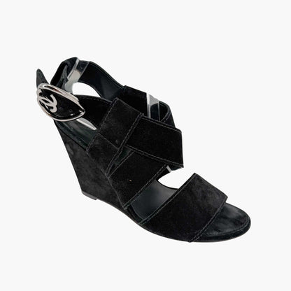 Chanel CC Heart Buckle Wedge Sandals Black Size 39.5