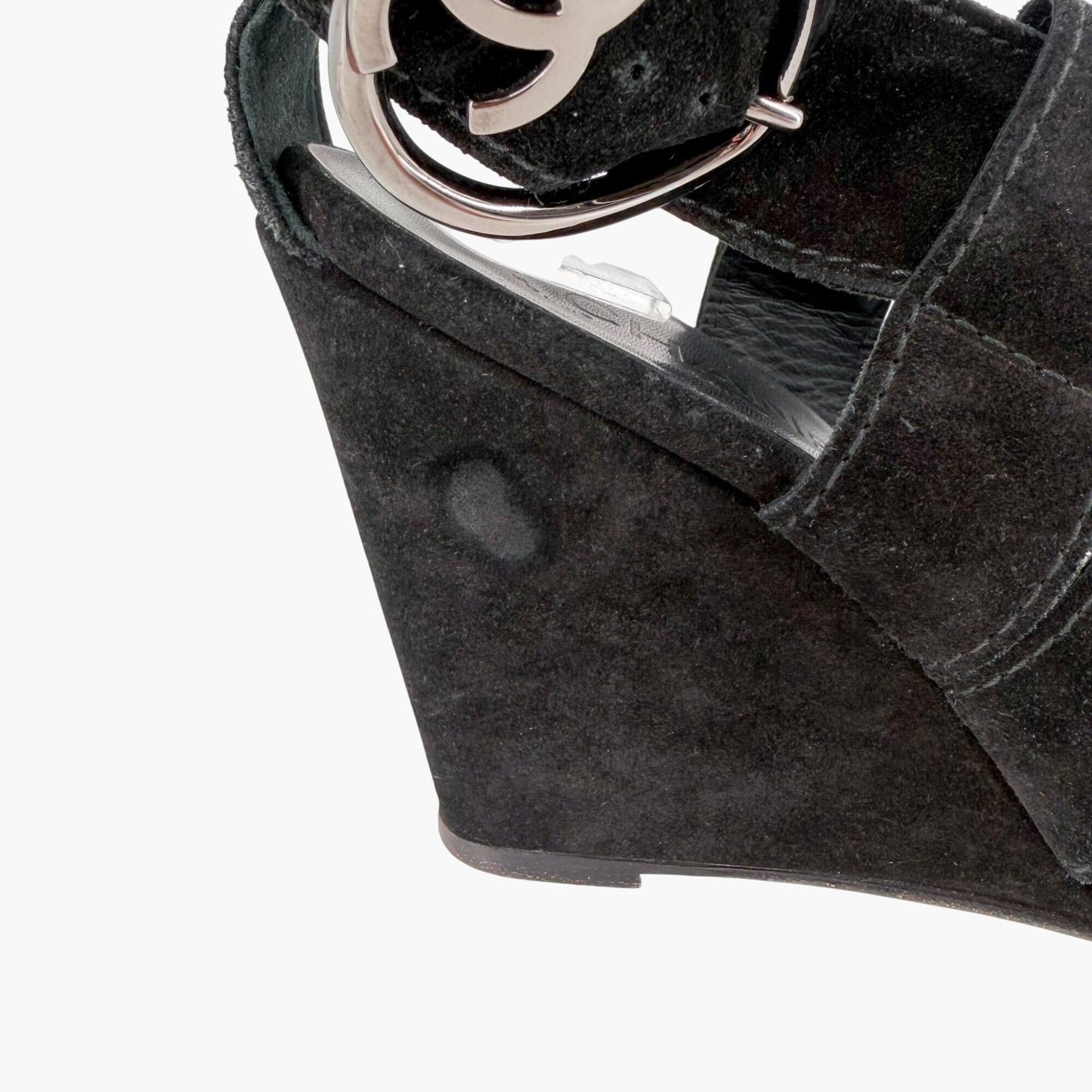 Chanel CC Heart Buckle Wedge Sandals Black Size 39.5