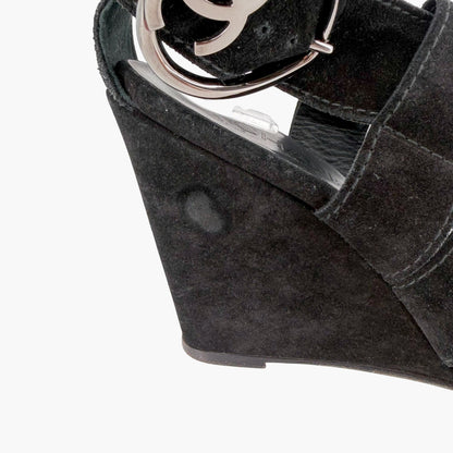 Chanel CC Heart Buckle Wedge Sandals Black Size 39.5