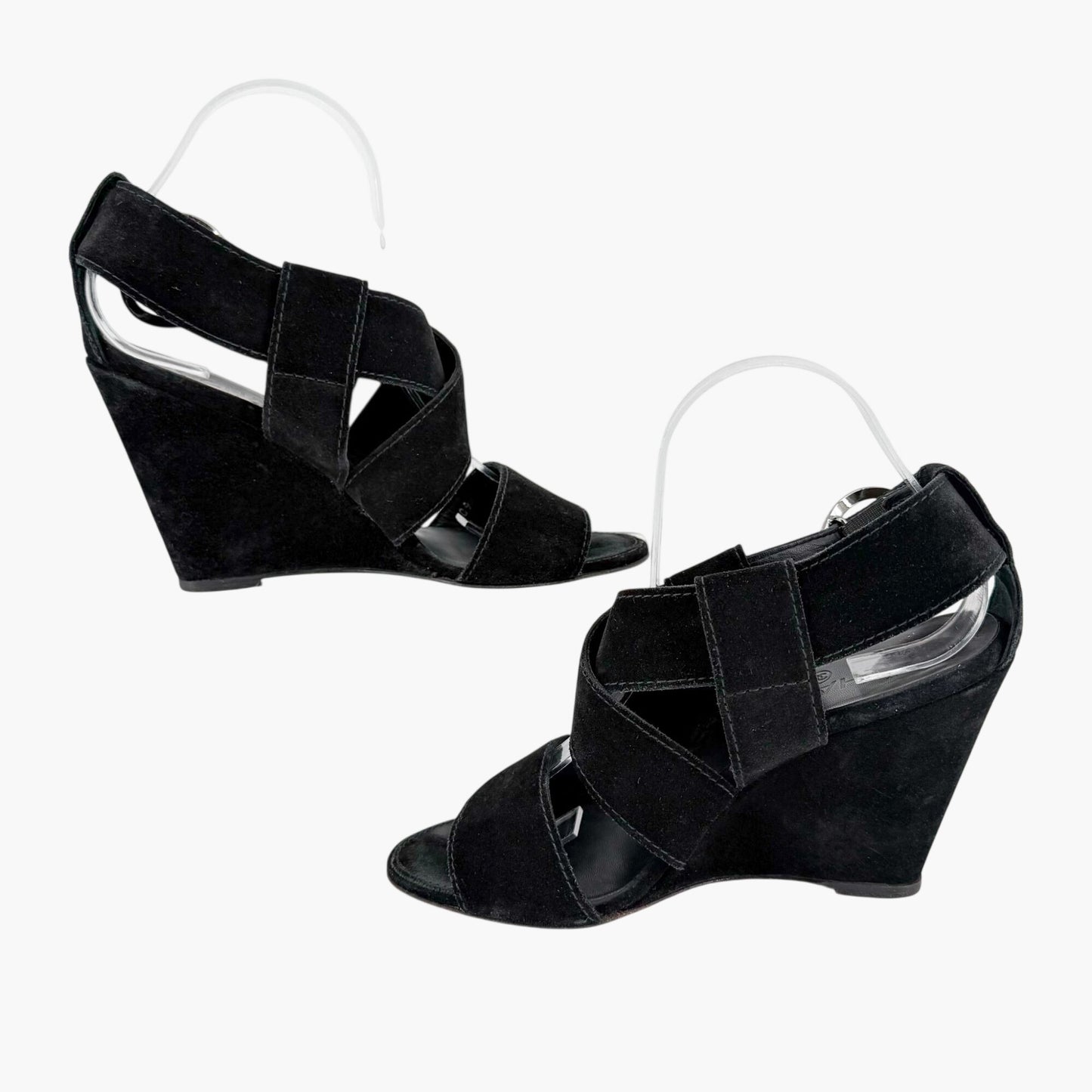 Chanel CC Heart Buckle Wedge Sandals Black Size 39.5