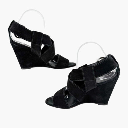 Chanel CC Heart Buckle Wedge Sandals Black Size 39.5