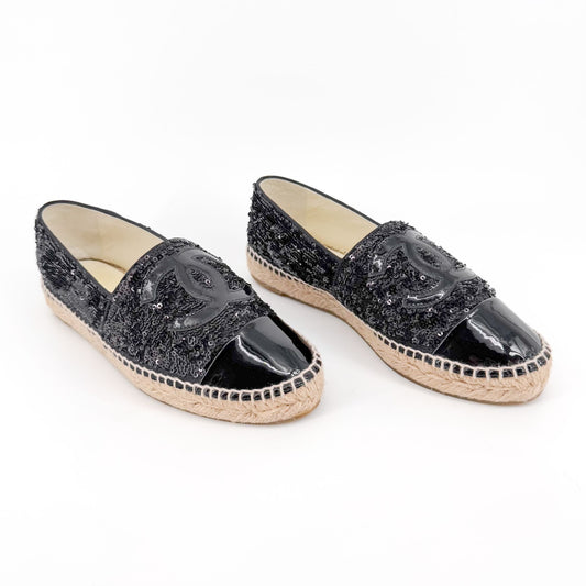 Chanel Sequin CC Espadrille Flats in Black Patent Leather Size 39