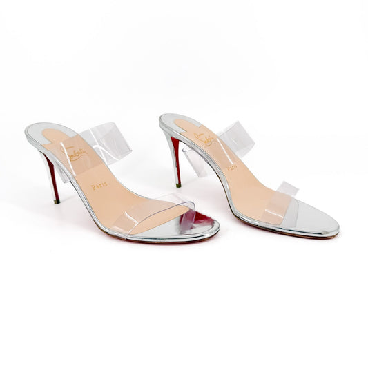 Christian Louboutin Just Nothing PVC Sandals in Metallic Silver Size 41