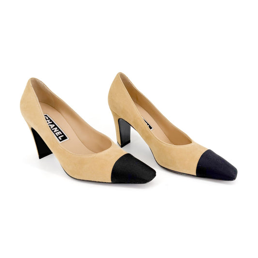 Chanel Crystal CC Cap Toe Pumps in Beige Suede Size 38.5