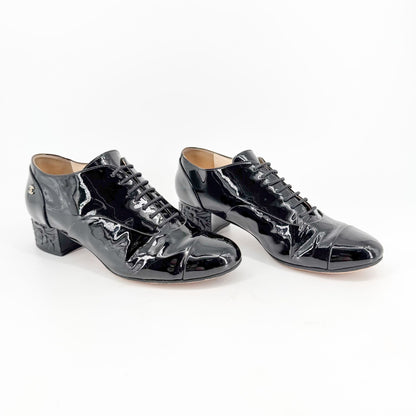 Chanel Flower Heel Oxford Shoes Black Patent Size 37