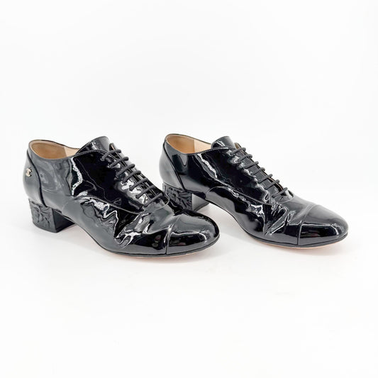 Chanel Flower Heel Oxford Shoes Black Patent Size 37