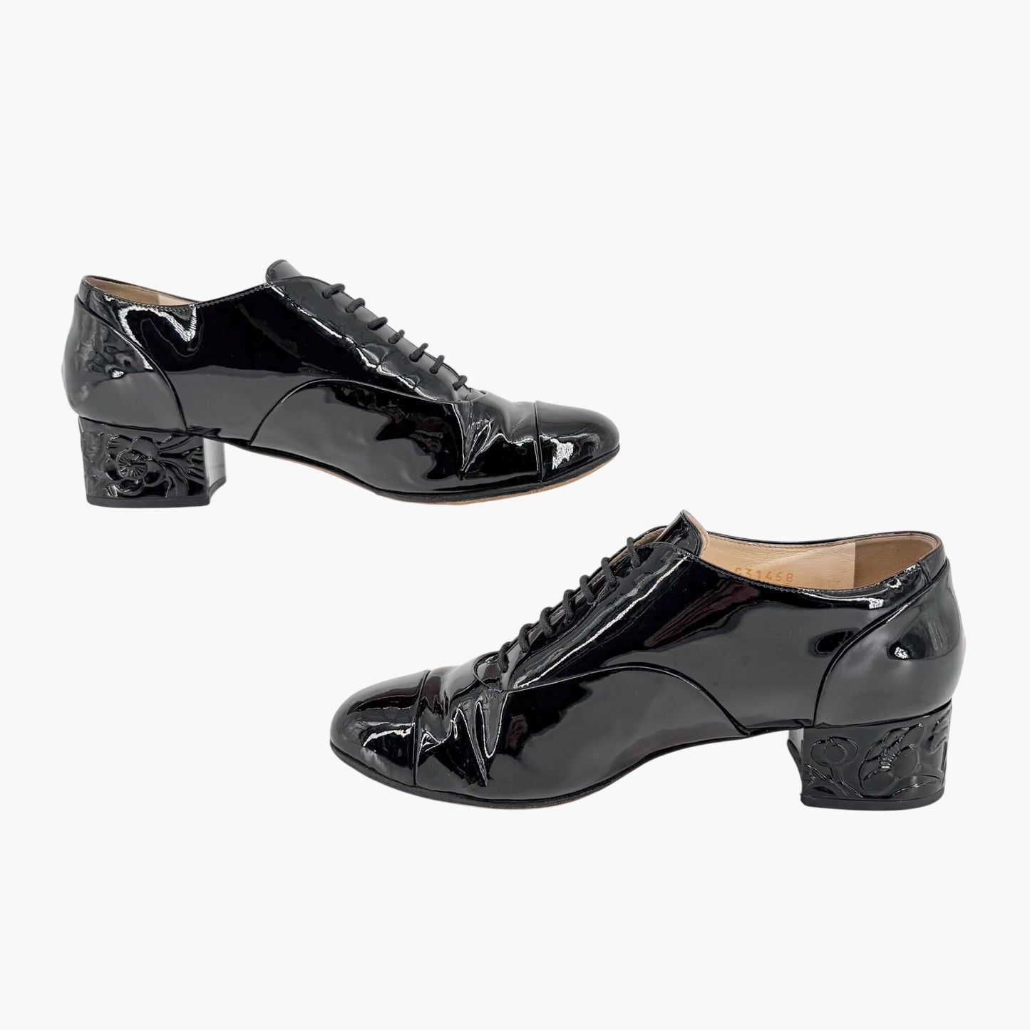 Chanel Flower Heel Oxford Shoes Black Patent Size 37