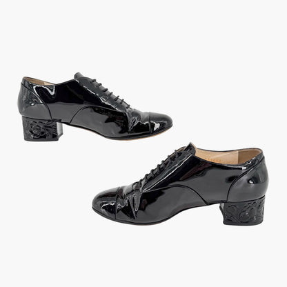 Chanel Flower Heel Oxford Shoes Black Patent Size 37
