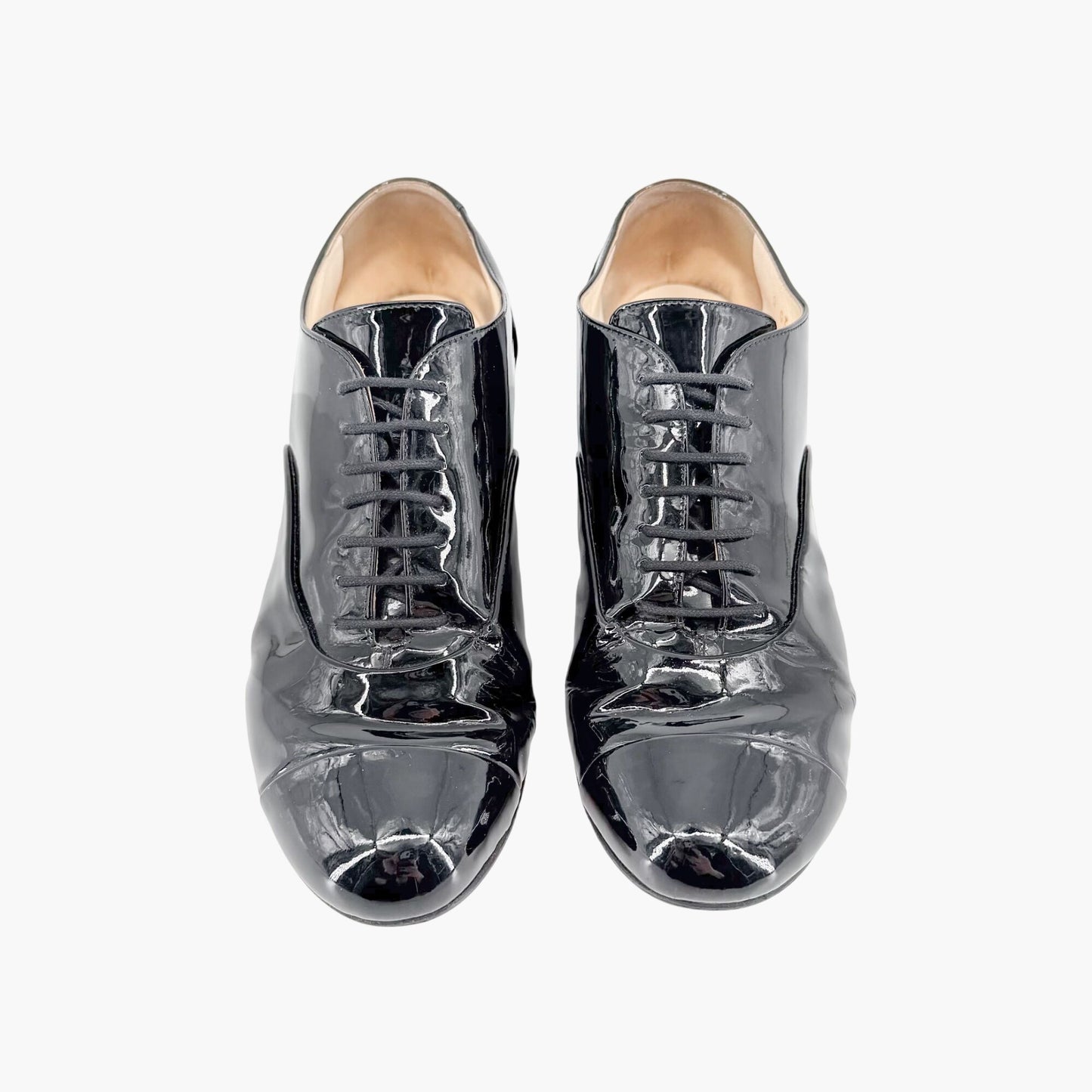 Chanel Flower Heel Oxford Shoes Black Patent Size 37