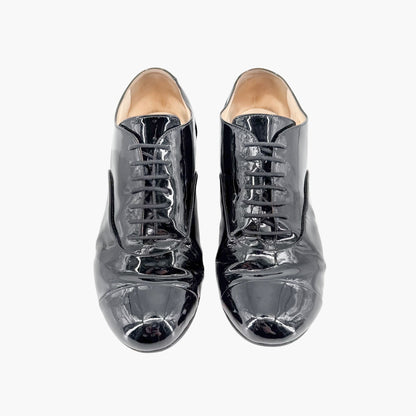 Chanel Flower Heel Oxford Shoes Black Patent Size 37