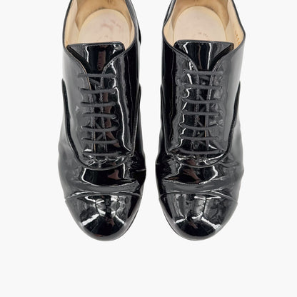Chanel Flower Heel Oxford Shoes Black Patent Size 37