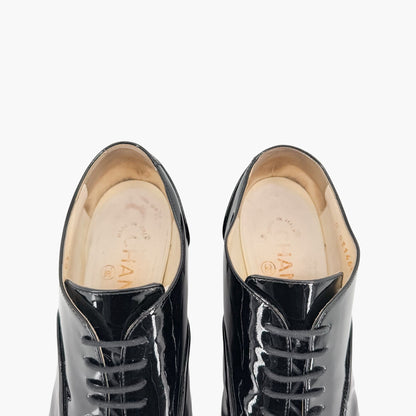 Chanel Flower Heel Oxford Shoes Black Patent Size 37