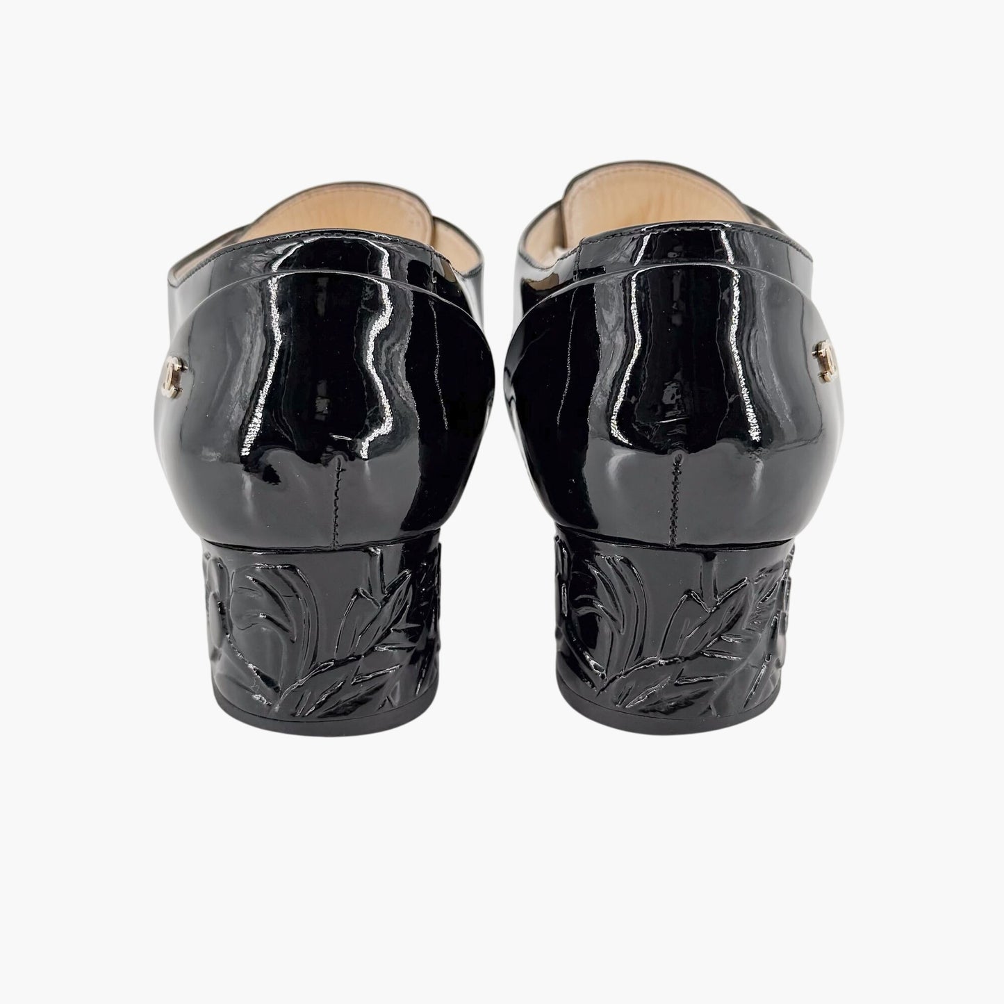 Chanel Flower Heel Oxford Shoes Black Patent Size 37