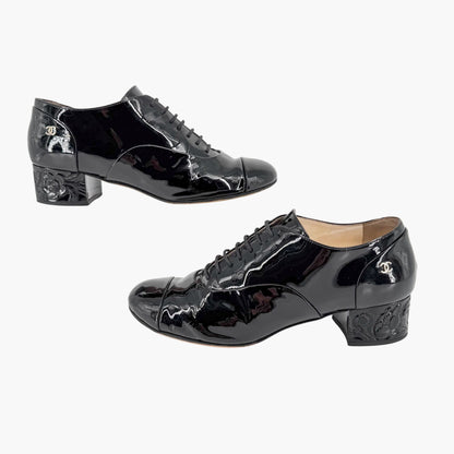 Chanel Flower Heel Oxford Shoes Black Patent Size 37
