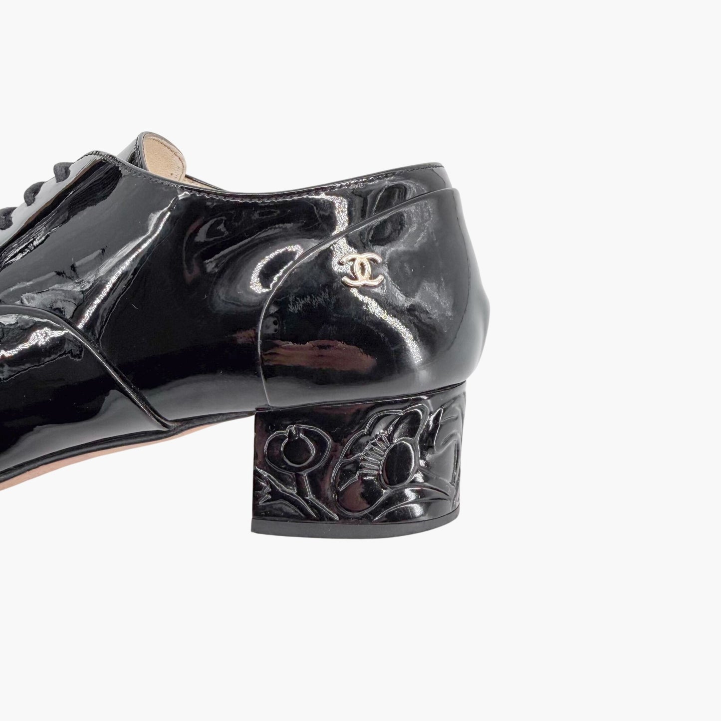 Chanel Flower Heel Oxford Shoes Black Patent Size 37
