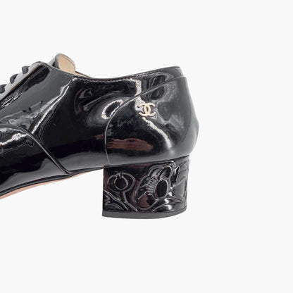 Chanel Flower Heel Oxford Shoes Black Patent Size 37