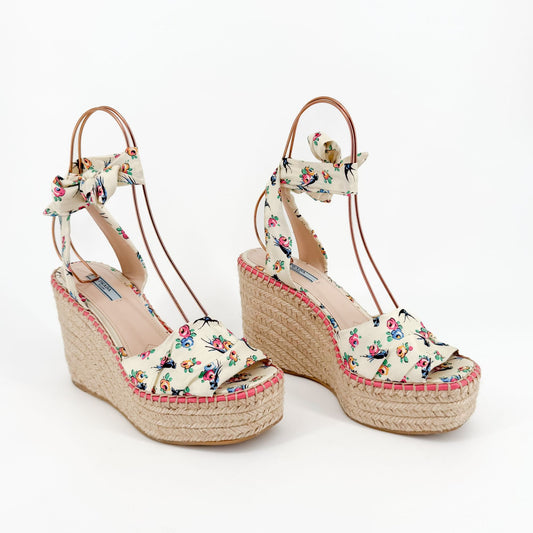 Prada Floral Espadrille Wedge Sandals in Ivory Satin Size 40