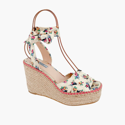 Prada Floral Espadrille Wedge Sandals in Ivory Satin Size 40