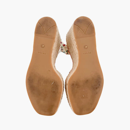 Prada Floral Espadrille Wedge Sandals in Ivory Satin Size 40