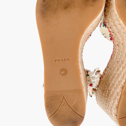 Prada Floral Espadrille Wedge Sandals in Ivory Satin Size 40