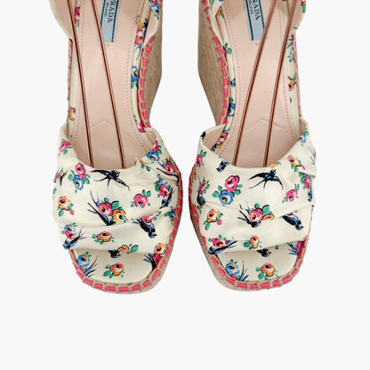 Prada Floral Espadrille Wedge Sandals in Ivory Satin Size 40