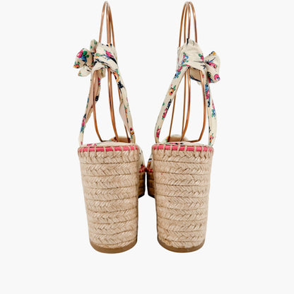 Prada Floral Espadrille Wedge Sandals in Ivory Satin Size 40