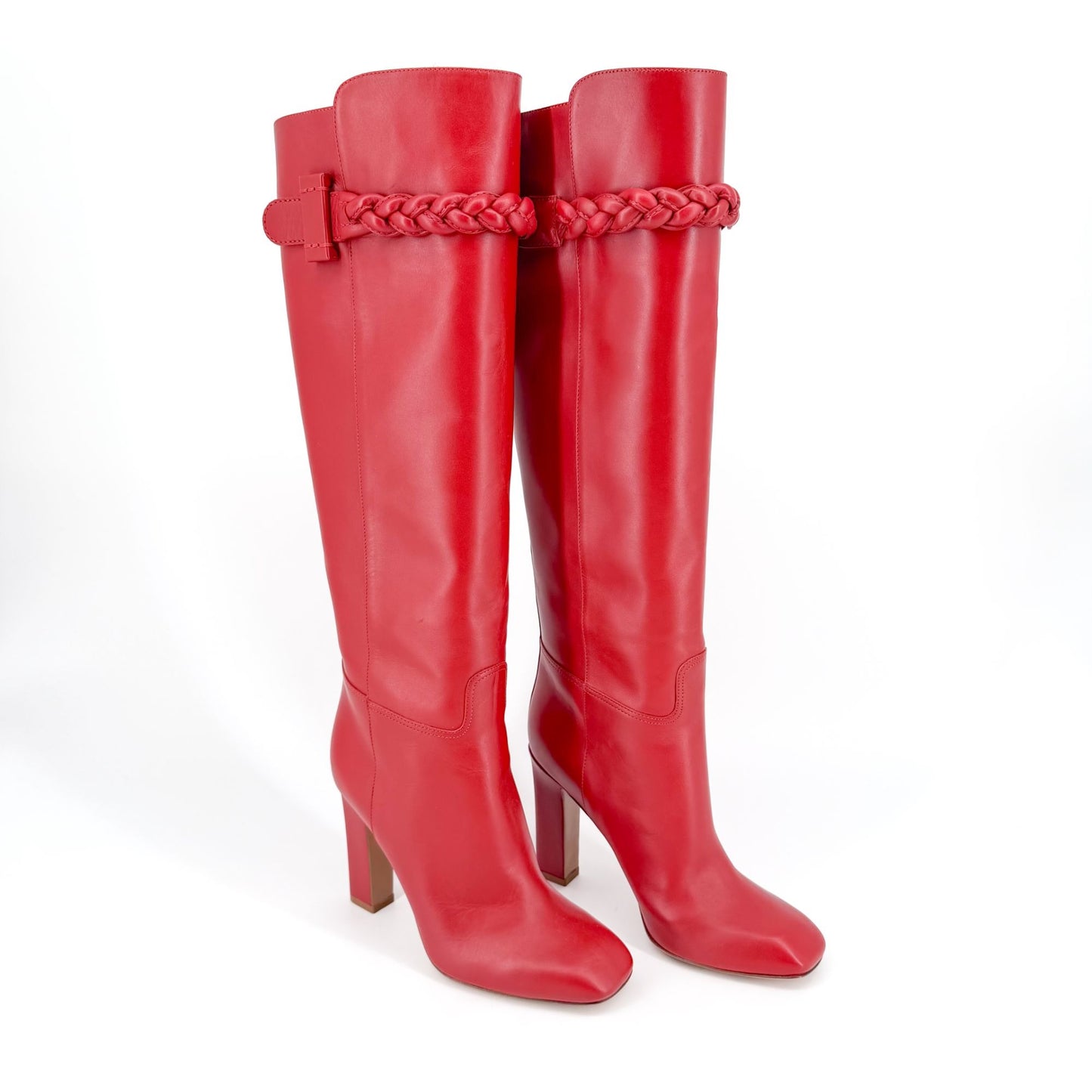 Valentino Garavani Braided Knee High Boots Red Leather Size 37
