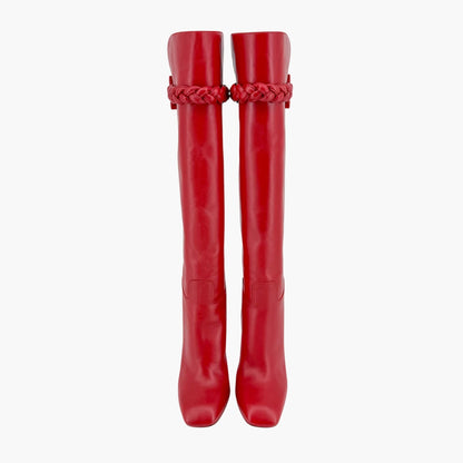 Valentino Garavani Braided Knee High Boots Red Leather Size 37