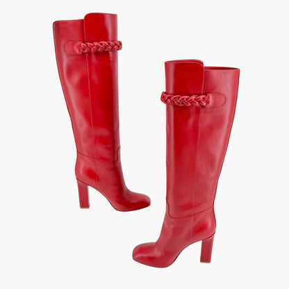 Valentino Garavani Braided Knee High Boots Red Leather Size 37