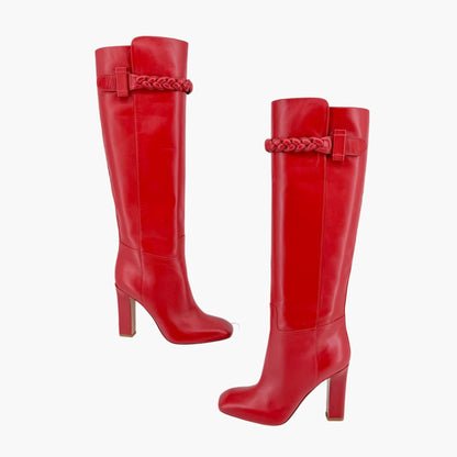 Valentino Garavani Braided Knee High Boots Red Leather Size 37