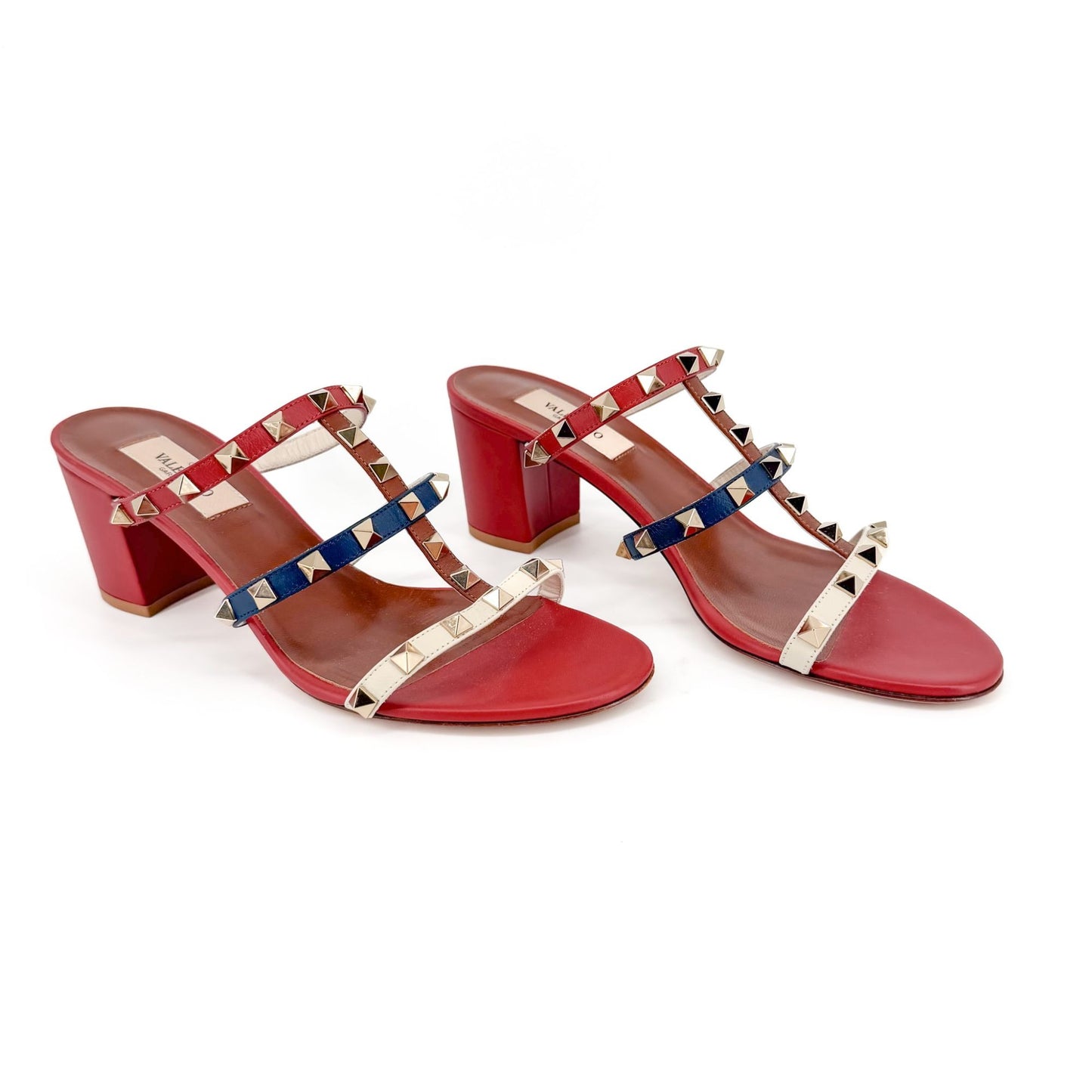 Valentino Garavani Rockstud Caged Mule Sandals in Red, Blue & White Size 38.5