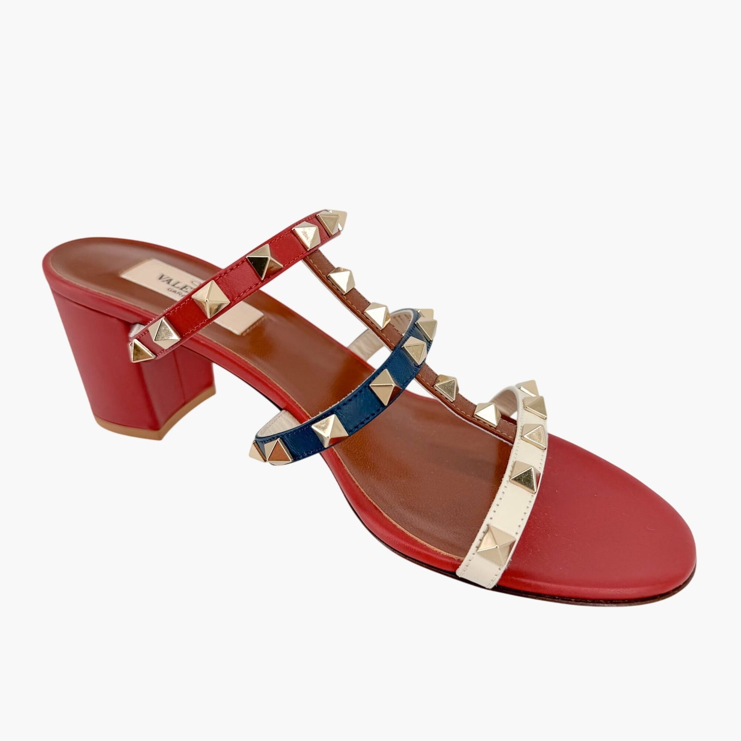 Valentino Garavani Rockstud Caged Mule Sandals in Red, Blue & White Size 38.5