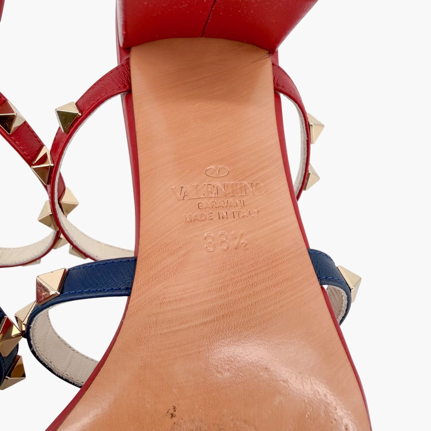 Valentino Garavani Rockstud Caged Mule Sandals in Red, Blue & White Size 38.5