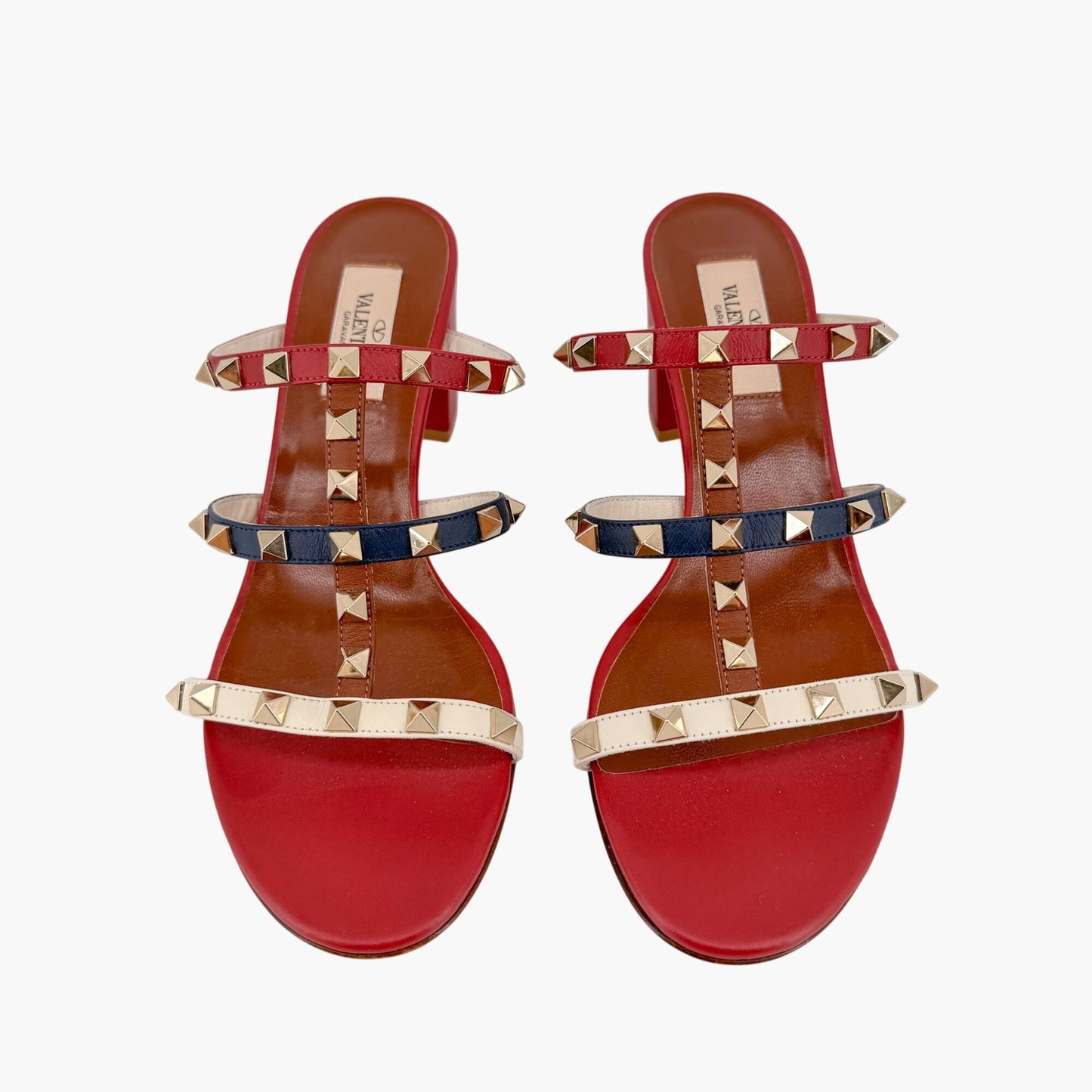 Valentino Garavani Rockstud Caged Mule Sandals in Red, Blue & White Size 38.5